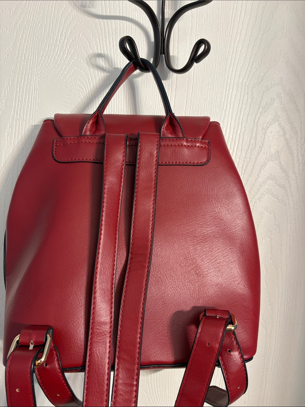 Structured Red Faux Leather Women's Backpack with Front Pocket - Picture 7 of 14